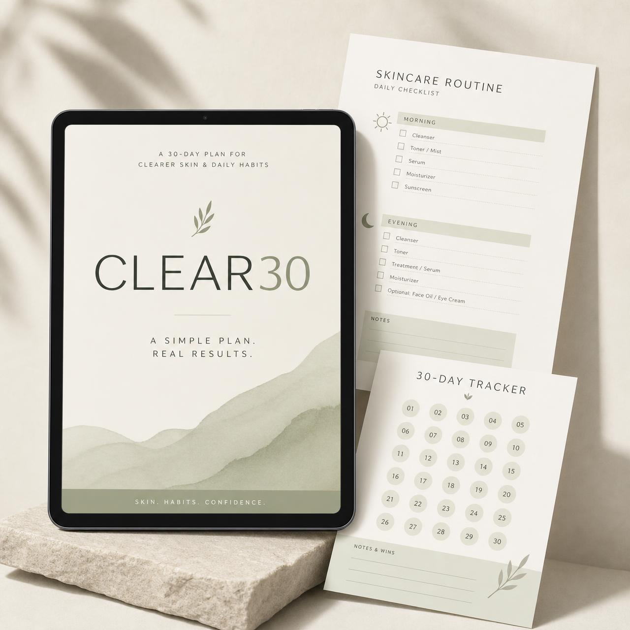CLEAR30 30-dagen skincare reset PDF met routine checklist en 30-day tracker